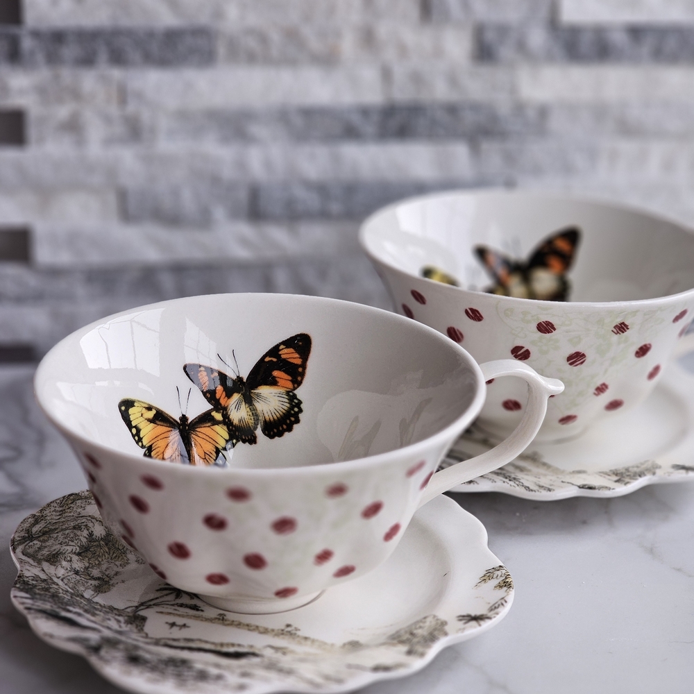 Anthropologie Butterfly Teacup Set with Red Polka Dots